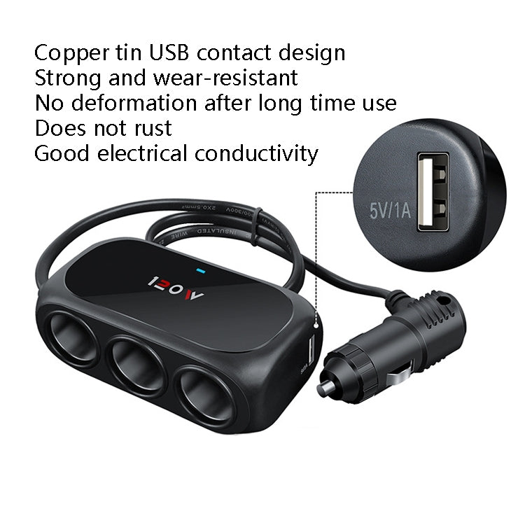 Car Charger Cigarette Lighter 1 In 3 Mobile Phone USB Car Charger, White, Black