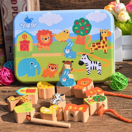 Wooden Toys Baby DIY Toy Cartoon Fruit Animal Stringing Threading Wooden Beads Toy