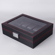 Load image into Gallery viewer, Carbon Fiber PU Leather Watch Box Jewelry Storage Box Packaging Box, Style:, 6 Watch Positions, 10 Watch Positions, 12 Watch Positions, 05 Watch Positions, 6 + 3 Red Black, Double-layer