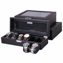 Load image into Gallery viewer, Carbon Fiber PU Leather Watch Box Jewelry Storage Box Packaging Box, Style:, 6 Watch Positions, 10 Watch Positions, 12 Watch Positions, 05 Watch Positions, 6 + 3 Red Black, Double-layer
