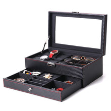 Load image into Gallery viewer, Carbon Fiber PU Leather Watch Box Jewelry Storage Box Packaging Box, Style:, 6 Watch Positions, 10 Watch Positions, 12 Watch Positions, 05 Watch Positions, 6 + 3 Red Black, Double-layer