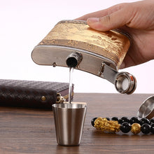 Load image into Gallery viewer, Portable Stainless Steel Hip Flask Set With Wine Glass Funnel, Style:, 8OZ New Jack Patch Core, 8OZ Old Jack Patch Core, 8OZ Old Man Patch Core, 8OZ Yellow Floral Pattern Core, 7OZ Black Leather Jack Gray, 7OZ Yellow Leather Jack Old Man Gray          ...