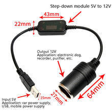 Load image into Gallery viewer, 5V Turn 12V USB To Cigarette Lighter Socket Female Head Driving Recorder Mobile Power Cord, Specification: 1.2m, 1m, 2m, 3m