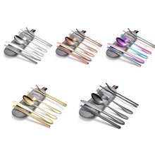 Load image into Gallery viewer, 7 in 1 Cutlery Spoon Chopsticks And Straw Set Stainless Steel Portable Cutlery Set, Silver + Light Bag, Gold+ Light Bag, Rose+ Light Bag, Symphony + Light Bag, Black+ Light Bag, Silver + Deep Bag, Gold  + Deep Bag, Rose  + Deep Bag, Symphony + Deep Bag...