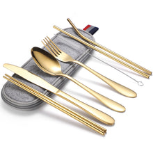 Load image into Gallery viewer, 7 in 1 Cutlery Spoon Chopsticks And Straw Set Stainless Steel Portable Cutlery Set, Silver + Light Bag, Gold+ Light Bag, Rose+ Light Bag, Symphony + Light Bag, Black+ Light Bag, Silver + Deep Bag, Gold  + Deep Bag, Rose  + Deep Bag, Symphony + Deep Bag...