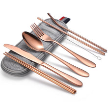 Load image into Gallery viewer, 7 in 1 Cutlery Spoon Chopsticks And Straw Set Stainless Steel Portable Cutlery Set, Silver + Light Bag, Gold+ Light Bag, Rose+ Light Bag, Symphony + Light Bag, Black+ Light Bag, Silver + Deep Bag, Gold  + Deep Bag, Rose  + Deep Bag, Symphony + Deep Bag...