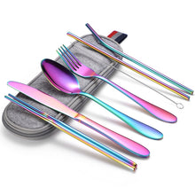Load image into Gallery viewer, 7 in 1 Cutlery Spoon Chopsticks And Straw Set Stainless Steel Portable Cutlery Set, Silver + Light Bag, Gold+ Light Bag, Rose+ Light Bag, Symphony + Light Bag, Black+ Light Bag, Silver + Deep Bag, Gold  + Deep Bag, Rose  + Deep Bag, Symphony + Deep Bag...