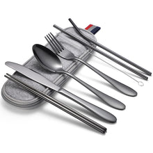 Load image into Gallery viewer, 7 in 1 Cutlery Spoon Chopsticks And Straw Set Stainless Steel Portable Cutlery Set, Silver + Light Bag, Gold+ Light Bag, Rose+ Light Bag, Symphony + Light Bag, Black+ Light Bag, Silver + Deep Bag, Gold  + Deep Bag, Rose  + Deep Bag, Symphony + Deep Bag...