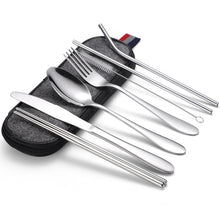Load image into Gallery viewer, 7 in 1 Cutlery Spoon Chopsticks And Straw Set Stainless Steel Portable Cutlery Set, Silver + Light Bag, Gold+ Light Bag, Rose+ Light Bag, Symphony + Light Bag, Black+ Light Bag, Silver + Deep Bag, Gold  + Deep Bag, Rose  + Deep Bag, Symphony + Deep Bag...