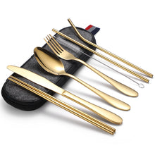 Load image into Gallery viewer, 7 in 1 Cutlery Spoon Chopsticks And Straw Set Stainless Steel Portable Cutlery Set, Silver + Light Bag, Gold+ Light Bag, Rose+ Light Bag, Symphony + Light Bag, Black+ Light Bag, Silver + Deep Bag, Gold  + Deep Bag, Rose  + Deep Bag, Symphony + Deep Bag...
