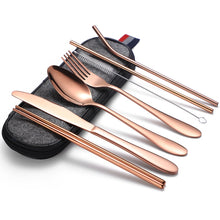 Load image into Gallery viewer, 7 in 1 Cutlery Spoon Chopsticks And Straw Set Stainless Steel Portable Cutlery Set, Silver + Light Bag, Gold+ Light Bag, Rose+ Light Bag, Symphony + Light Bag, Black+ Light Bag, Silver + Deep Bag, Gold  + Deep Bag, Rose  + Deep Bag, Symphony + Deep Bag...