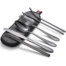 Load image into Gallery viewer, 7 in 1 Cutlery Spoon Chopsticks And Straw Set Stainless Steel Portable Cutlery Set, Silver + Light Bag, Gold+ Light Bag, Rose+ Light Bag, Symphony + Light Bag, Black+ Light Bag, Silver + Deep Bag, Gold  + Deep Bag, Rose  + Deep Bag, Symphony + Deep Bag...