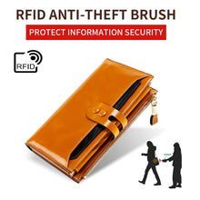 Load image into Gallery viewer, Leather Lady Wallet Multi-Card Slot Retro Oil Wax Leather Wallet Long Type RFID Anti-Theft Brush Clutch, Brown, Royal Blue, Rose Red, Purple, Black, Wine Red
