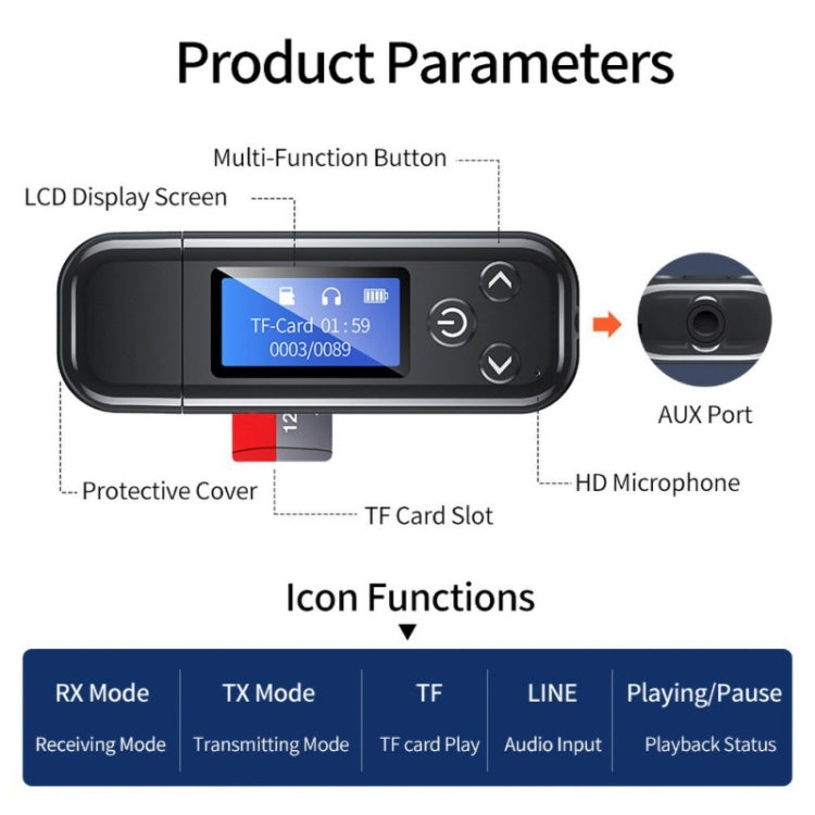 K15Pro With LCD Screen Bluetooth Adapter Audio Receiver Transmitter 3.5mm AUX Car Hands-Free, K15Pro