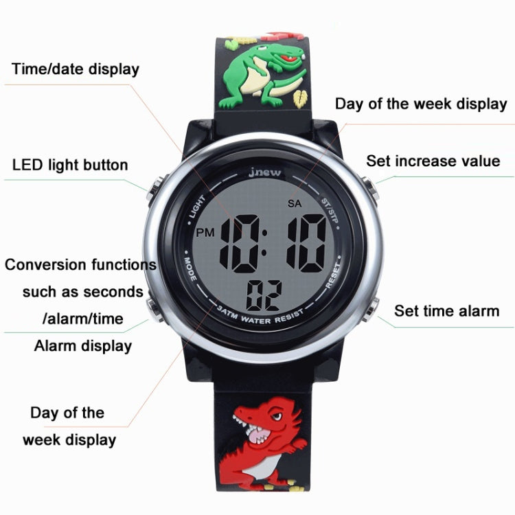 JNEW A380-86172 Children Cartoon 3D Castle Dinosaur Alarm Waterproof Colorful Backlight LED Electronic Watch