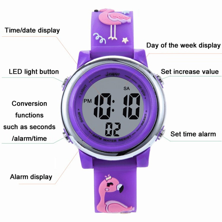 JNEW A380-86576 Student Cartoon Flamingo Waterproof Luminous Multifunction LED Electronic Watch