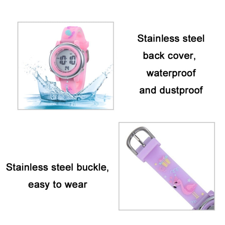 JNEW A380-86576 Student Cartoon Flamingo Waterproof Luminous Multifunction LED Electronic Watch