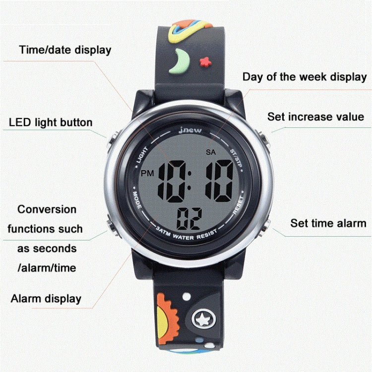 JNEW A380-86294 Children Waterproof Time Cognitive Cartoon Universe Colorful Backlight LED Electronic Watch