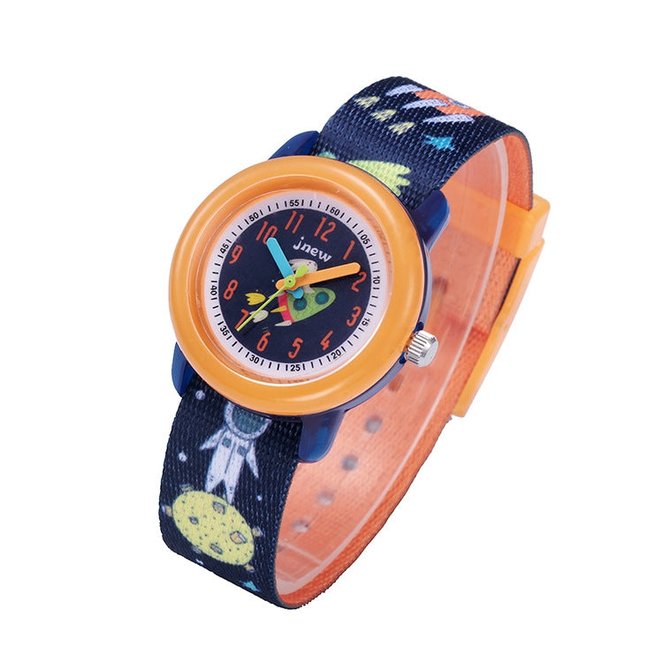 JNEW A369-86408 Children Cartoon Cosmic Starry Sky Waterproof Time Cognitive Ribbon Quartz Watch