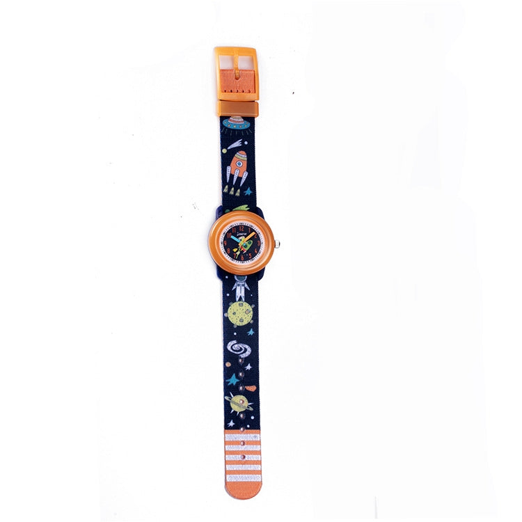 JNEW A369-86408 Children Cartoon Cosmic Starry Sky Waterproof Time Cognitive Ribbon Quartz Watch