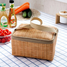 Load image into Gallery viewer, Portable Insulated Thermal Lunch Box Canvas Imitation Rattan Lunch Bag Picnic Container
