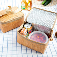 Load image into Gallery viewer, Portable Insulated Thermal Lunch Box Canvas Imitation Rattan Lunch Bag Picnic Container