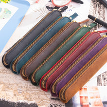 Load image into Gallery viewer, Retro Simple Leather Stylus Leather Zipper Pen Protection Case Crazy Horse Skin Mini Pen Case, Black, Yellow Brown, Wine Red, Coffee, Ink Green, Blue, Purple, Deep Brown