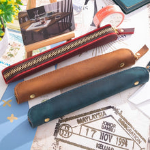 Load image into Gallery viewer, Retro Simple Leather Stylus Leather Zipper Pen Protection Case Crazy Horse Skin Mini Pen Case, Black, Yellow Brown, Wine Red, Coffee, Ink Green, Blue, Purple, Deep Brown