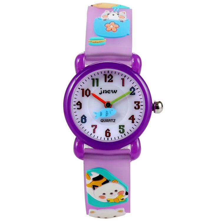 JNEW A335-86192 Children 3D Silicone Cute Cartoon Scheming Cat Waterproof Quartz Watch