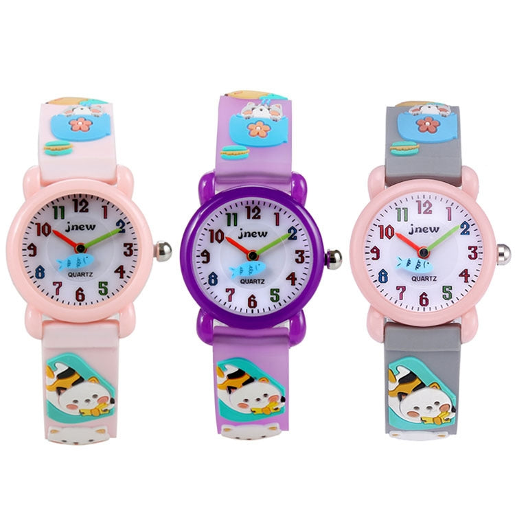 JNEW A335-86192 Children 3D Silicone Cute Cartoon Scheming Cat Waterproof Quartz Watch