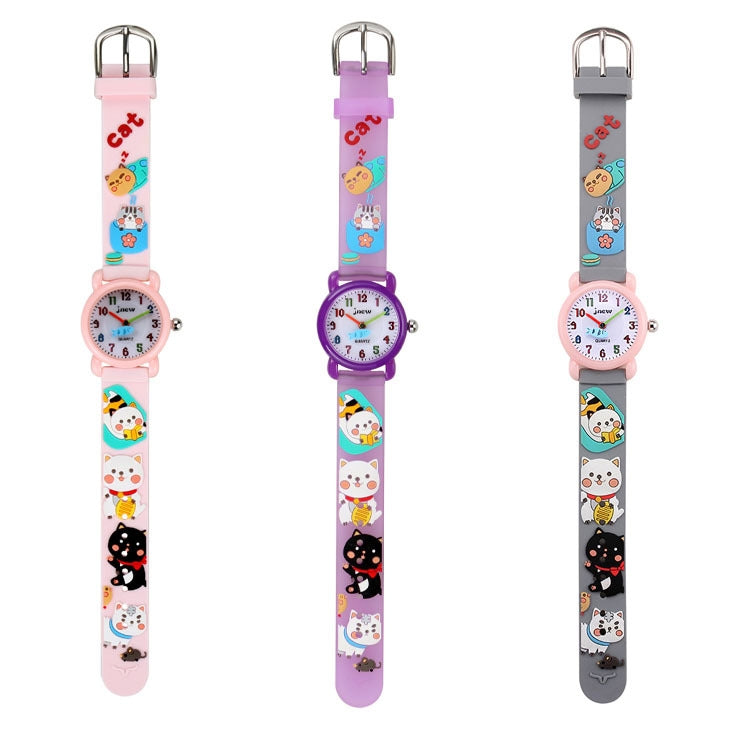 JNEW A335-86192 Children 3D Silicone Cute Cartoon Scheming Cat Waterproof Quartz Watch
