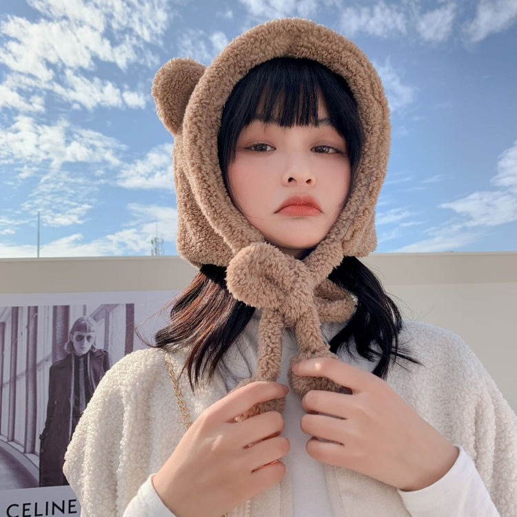 Cartoon Bear Ear Tether Hat Winter Warm Plush Bomber Hat for Women
