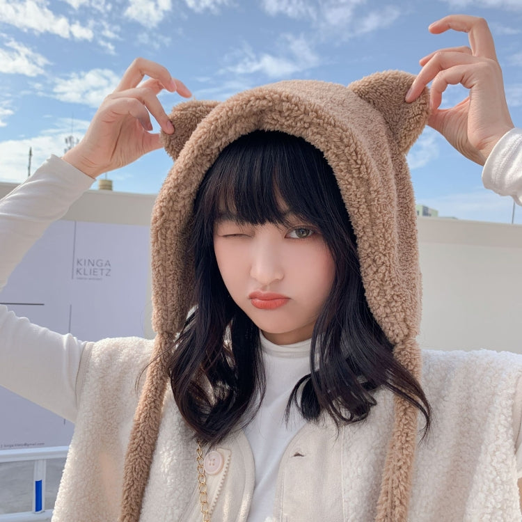 Cartoon Bear Ear Tether Hat Winter Warm Plush Bomber Hat for Women