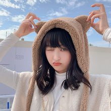 Load image into Gallery viewer, Cartoon Bear Ear Tether Hat Winter Warm Plush Bomber Hat for Women