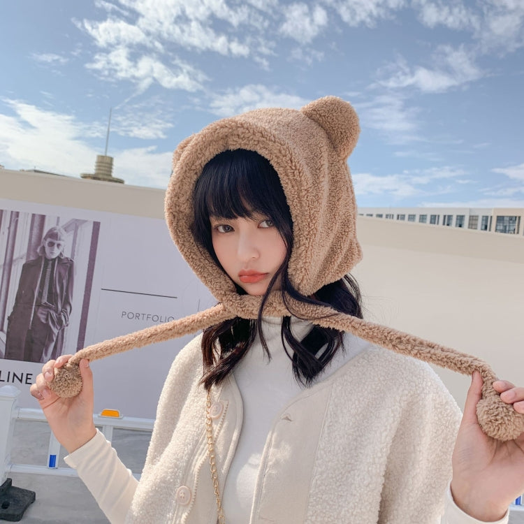 Cartoon Bear Ear Tether Hat Winter Warm Plush Bomber Hat for Women