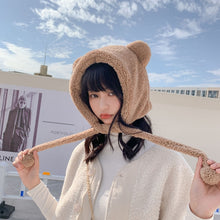 Load image into Gallery viewer, Cartoon Bear Ear Tether Hat Winter Warm Plush Bomber Hat for Women