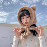 Cartoon Bear Ear Tether Hat Winter Warm Plush Bomber Hat for Women