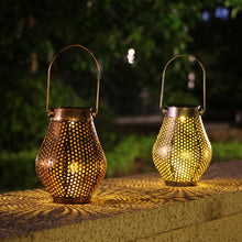 Load image into Gallery viewer, Outdoor Courtyard Wrought Iron LED Solar Portable Hollow Lantern, Lantern / Silver, Lantern / Copper