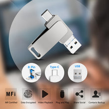 Load image into Gallery viewer, USB 3.0 + 8 Pin + USB-C / Type-C 3 in 1 Phone Computer Metal Rotatable U-Disk, 32GB, 16 GB, 64GB