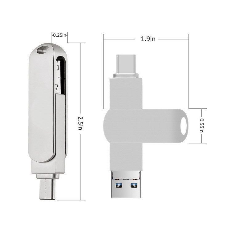 USB 3.0 + 8 Pin + USB-C / Type-C 3 in 1 Phone Computer Rotatable Metal U-Disk, 16GB, 32GB, 64GB, 128GB, 256GB