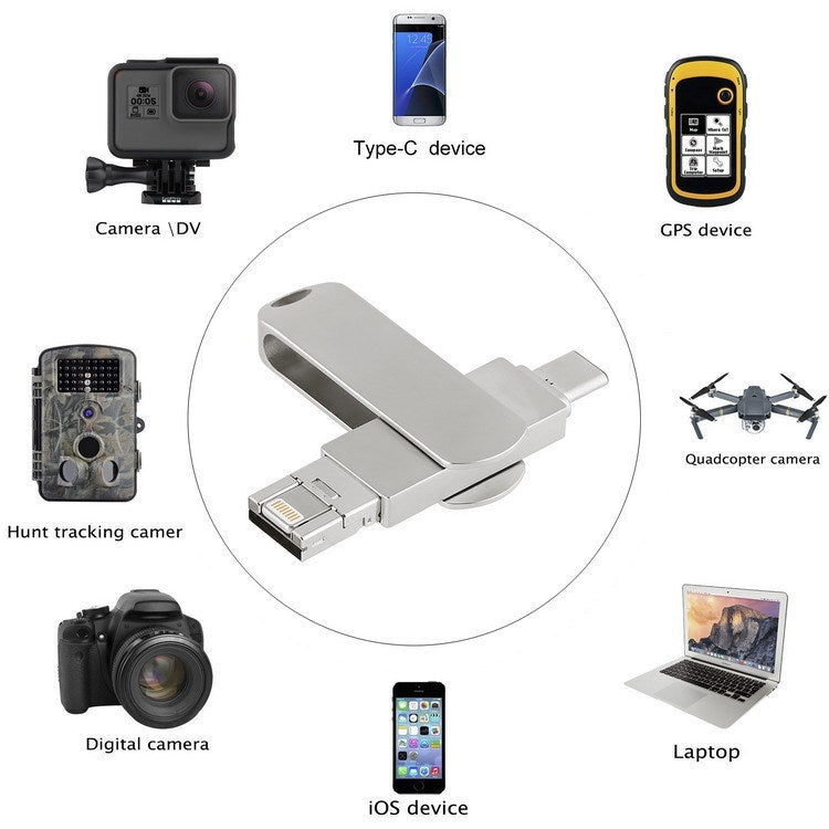 USB 3.0 + 8 Pin + USB-C / Type-C 3 in 1 Phone Computer Rotatable Metal U-Disk, 16GB, 32GB, 64GB, 128GB, 256GB