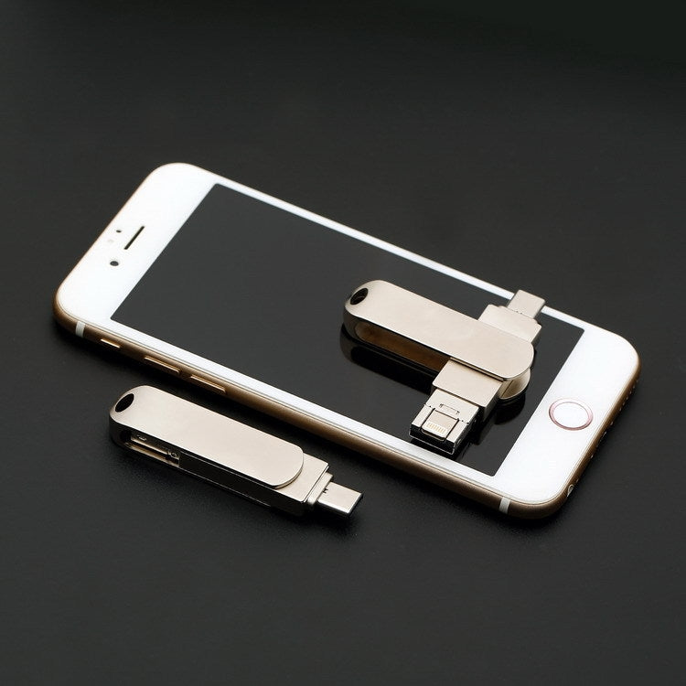 USB 3.0 + 8 Pin + USB-C / Type-C 3 in 1 Phone Computer Rotatable Metal U-Disk, 16GB, 32GB, 64GB, 128GB, 256GB