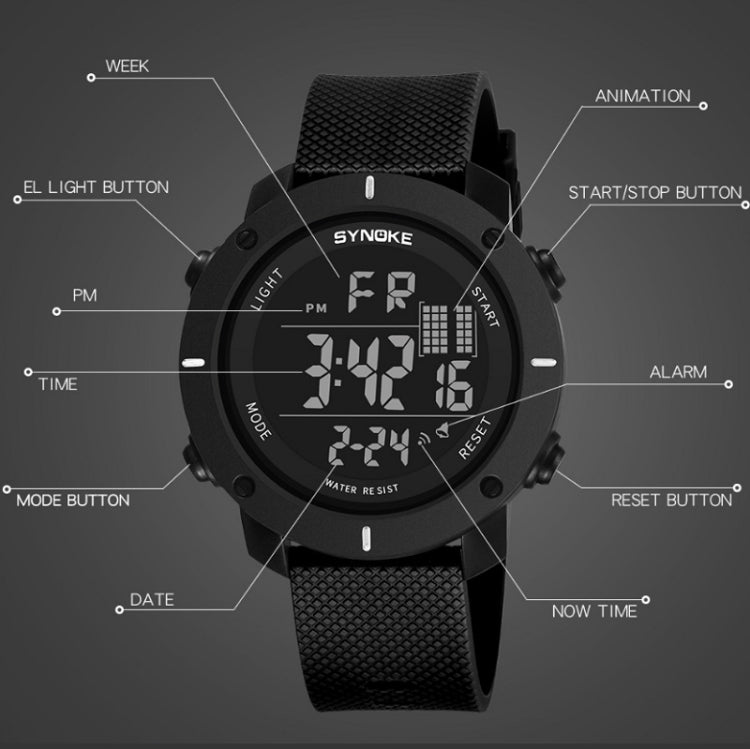 SYNOKE 9658 Student Outdoor Multi-Function Waterproof Large Dial Sports Electronic Watch