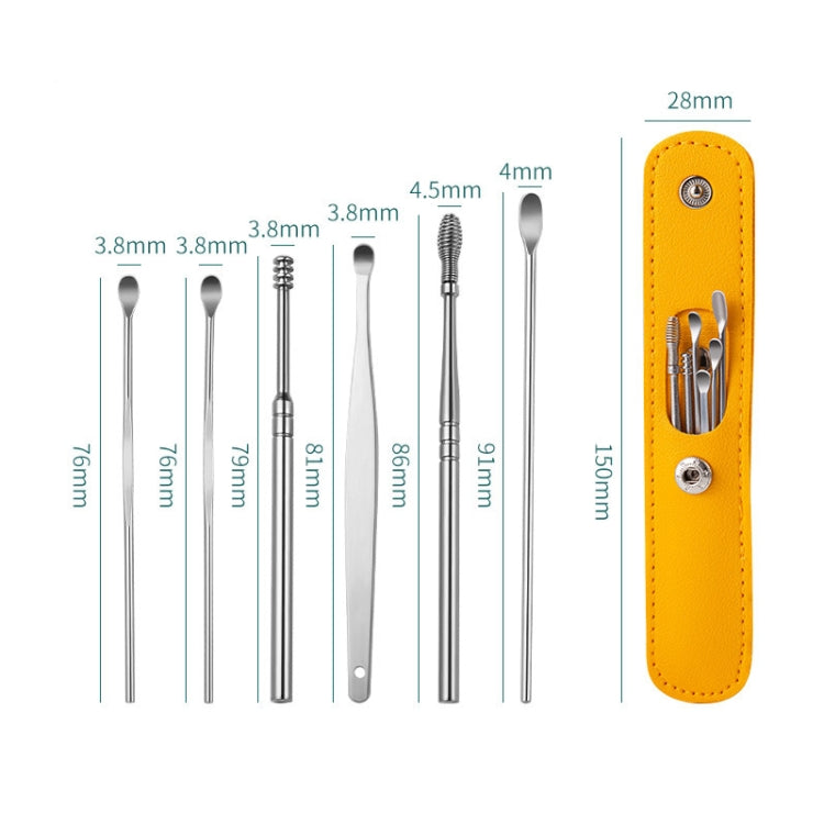 6 In 1 Stainless Steel Spring Spiral Portable Ear Pick, Yellow Leather Case, Pink Leather Case, Black Leather Case, Yellow, Blue, Pink, Green, Purple, Black