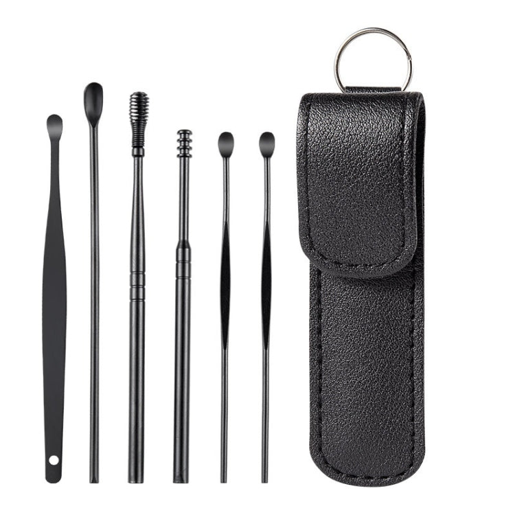 6 In 1 Stainless Steel Spring Spiral Portable Ear Pick, Yellow Leather Case, Pink Leather Case, Black Leather Case, Yellow, Blue, Pink, Green, Purple, Black