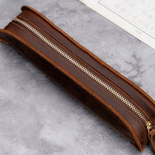 Load image into Gallery viewer, W-T18 Vintage Handmade Genuine Leather Zipper Pencil Case, Black, Brown, Wine Red, Coffee, Ink Green, Blue