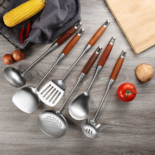 Load image into Gallery viewer, 304 Stainless Steel Wooden Handle Kitchenware Kitchen Equipment, Style:, Fried Spatula, Soup Spoon, Slotted Spoon, Slotted Shovel, Noodle Scoop, Rice Spoon
