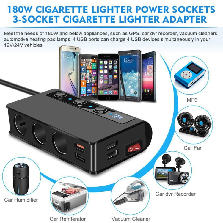 TR24 3 In 1 Car Cigarette Lighter Independent Switch Charger, TR24 (Black), TR24 (Black Red)