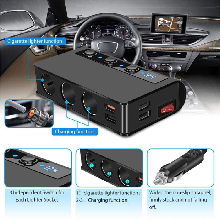 TR24 3 In 1 Car Cigarette Lighter Independent Switch Charger, TR24 (Black), TR24 (Black Red)