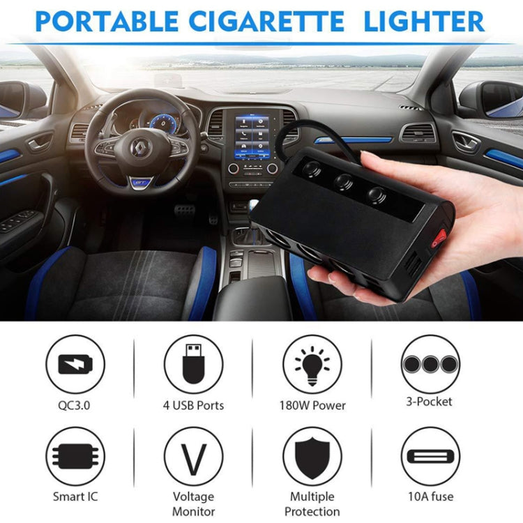 TR24 3 In 1 Car Cigarette Lighter Independent Switch Charger, TR24 (Black), TR24 (Black Red)